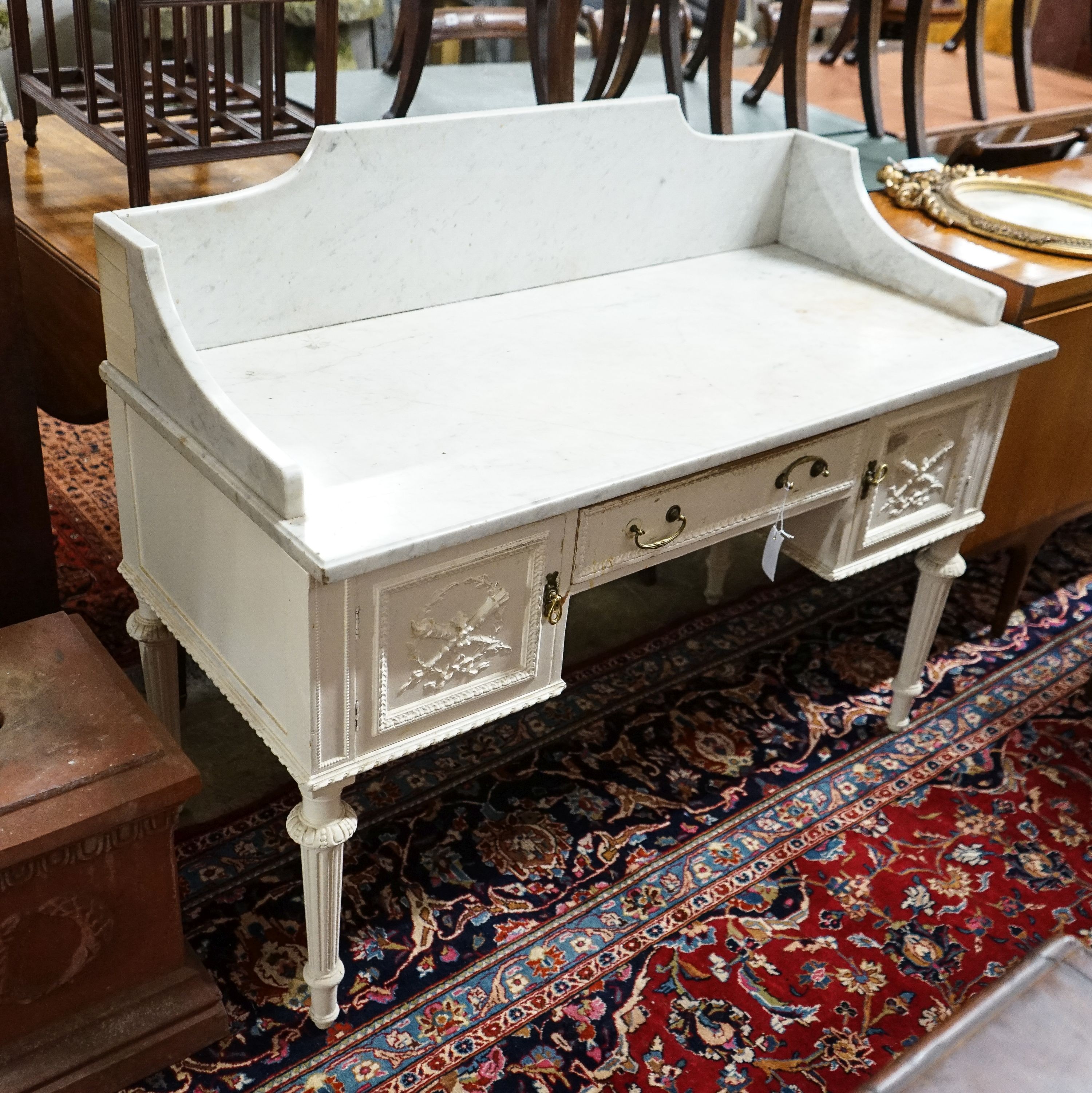 An Edwardian painted pine and gesso marble topped wash stand, width 122cm, depth 56cm, height 90cm